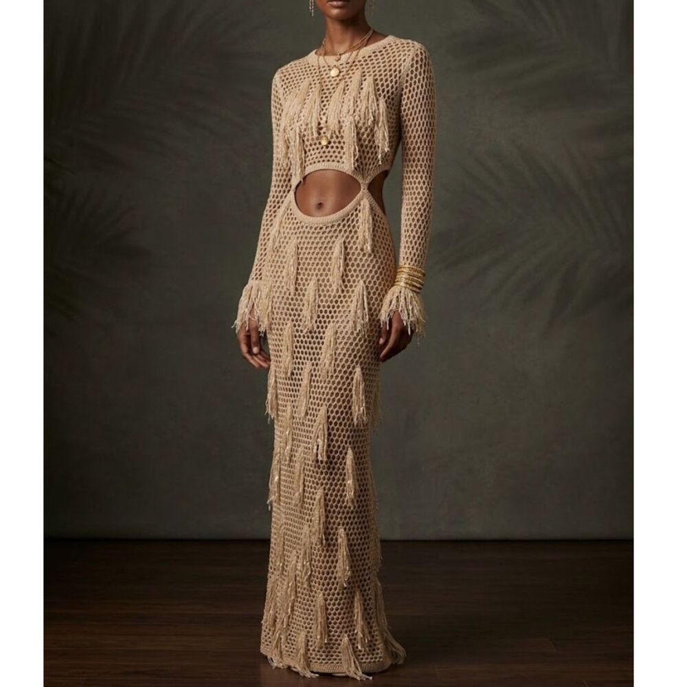 HALFHEART Beige Crochet Open-Knit Maxi Dress Fringe Cutout Sequin Size L